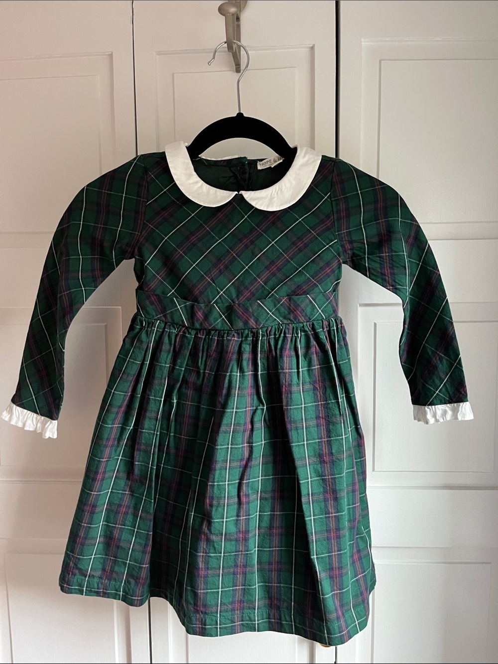 Green Plaid Long-Sleeve Kids Dress with White Peter Pan Collar